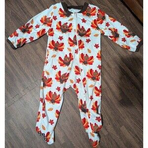 Turkey Footie Pajamas 2T Thanksgiving Fall Leaves Romper ZIP UP Grip Feet EUC